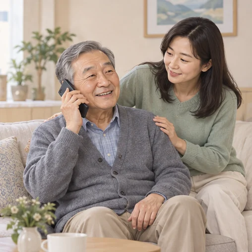 의료기관에 연락하는 고령자와 가족 (AI 설명용 삽화)