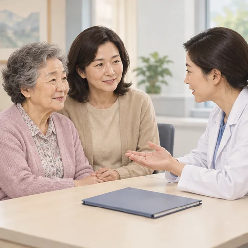 고령자의 건강 이력을 함께 설명하는 보호자 (AI 설명용 삽화)