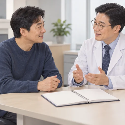 기저질환 관리 내용을 전달하는 성인 (AI 설명용 삽화)