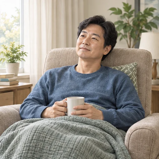 치료 계획에 따라 집에서 쉬는 성인 (AI 설명용 삽화)