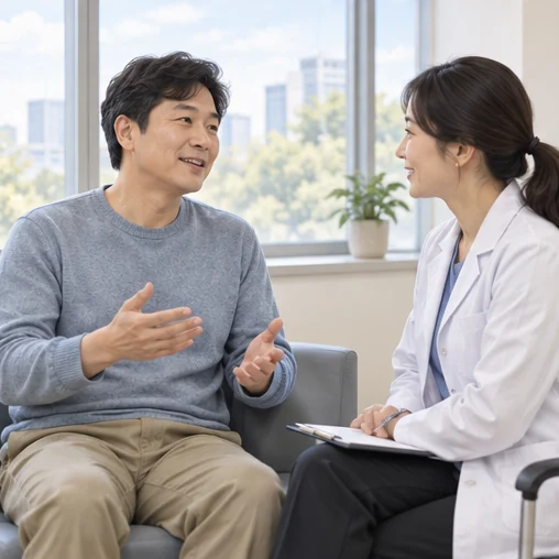 일상 활동 재개를 의료진에게 문의하는 성인 (AI 설명용 삽화)