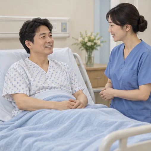 병원에서 상태를 확인하는 환자와 간호사 (AI 설명용 삽화)