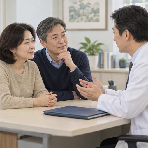회복 후 확인할 내용을 듣는 가족 (AI 설명용 삽화)