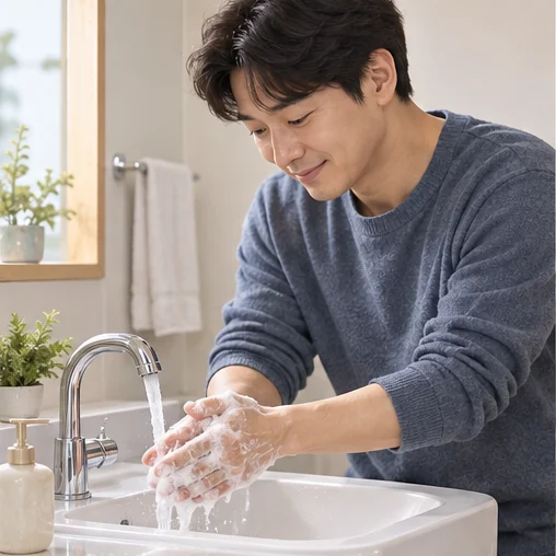 비누와 흐르는 물로 손을 씻는 성인 (AI 설명용 삽화)
