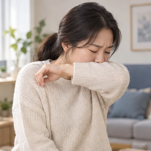 팔꿈치 안쪽으로 가리는 기침 예절 (AI 설명용 삽화)