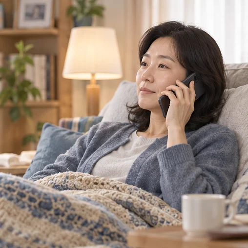 아픈 동안 전화로 연락하는 성인 (AI 설명용 삽화)