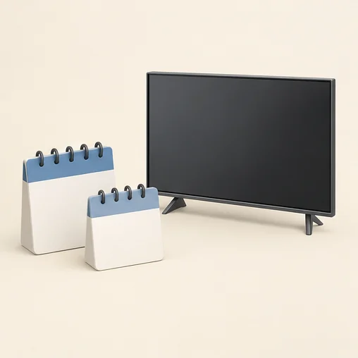 TV 기획전의 기간을 나타내는 두 빈 달력과 TV 모형 (AI 설명용 삽화)