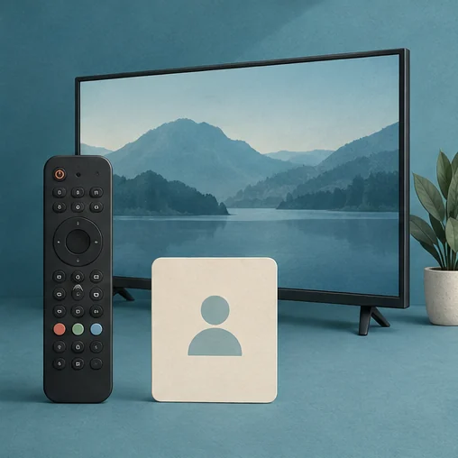 리모컨과 계정 카드가 있는 TV (AI 설명용 삽화)
