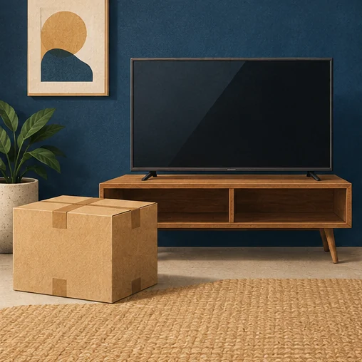 배송 상자와 탁자 위의 TV (AI 설명용 삽화)