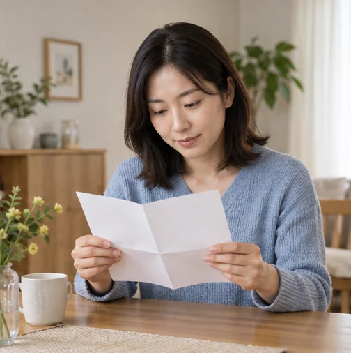 집에서 복약 안내 자료를 확인하는 보호자 (AI 설명용 삽화)