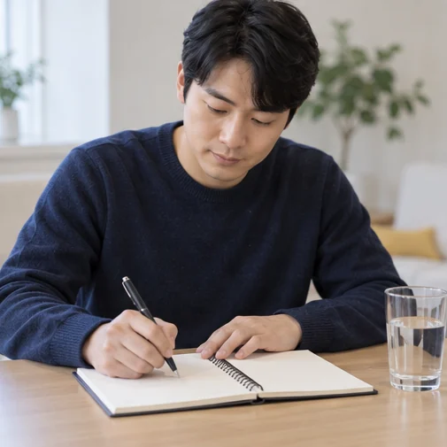 진료 때 물어볼 질문을 정리하는 성인 (AI 설명용 삽화)