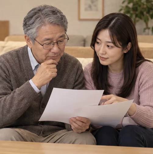 처방 상담 자료를 함께 읽는 어르신과 가족 (AI 설명용 삽화)