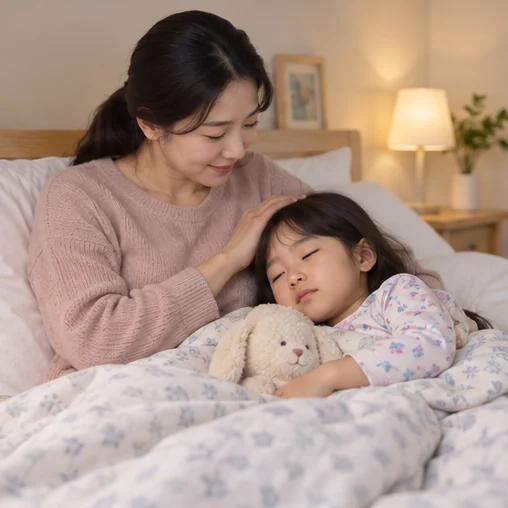 쉬는 아이의 상태를 살피는 보호자 (AI 설명용 삽화)