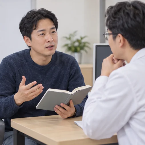 메모한 질문을 의료진에게 설명하는 성인 (AI 설명용 삽화)