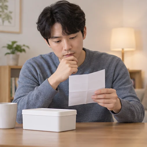 보관함 옆에서 복약 안내를 살펴보는 성인 (AI 설명용 삽화)