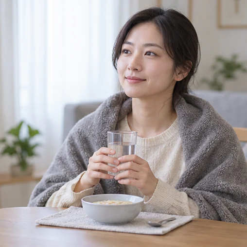물컵과 죽을 곁에 두고 쉬는 성인 (AI 설명용 삽화)