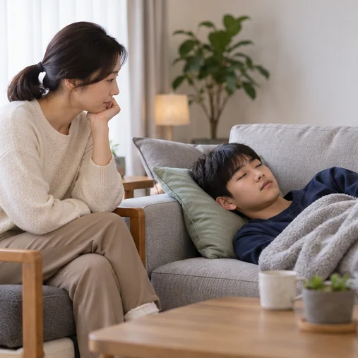 쉬는 청소년의 상태를 곁에서 살피는 보호자 (AI 설명용 삽화)