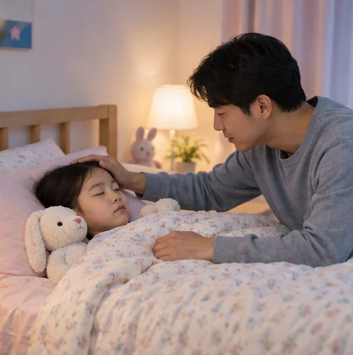 침대에서 쉬는 아이의 상태를 확인하는 보호자 (AI 설명용 삽화)