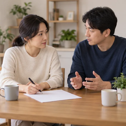 아이를 돌볼 계획을 함께 정리하는 보호자들 (AI 설명용 삽화)