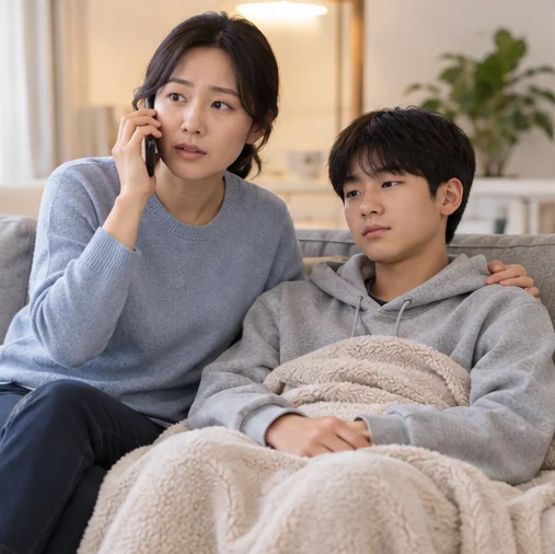 가족의 상태를 설명하며 의료기관에 전화하는 보호자 (AI 설명용 삽화)
