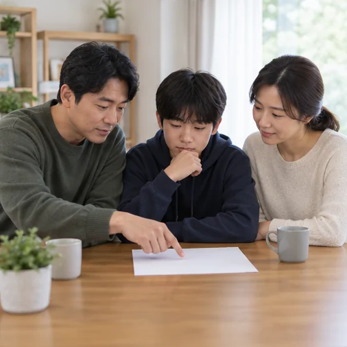 가족이 돌봄과 관찰 계획을 함께 정리하는 모습 (AI 설명용 삽화)