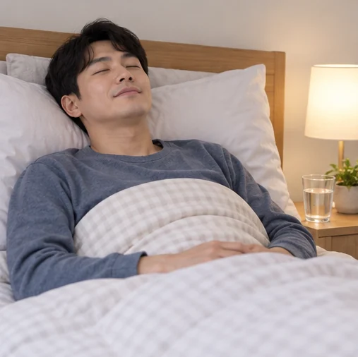 물컵을 곁에 두고 침대에서 휴식하는 성인 (AI 설명용 삽화)