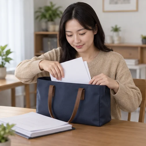 후속 진료에 필요한 서류와 가방을 준비하는 모습 (AI 설명용 삽화)
